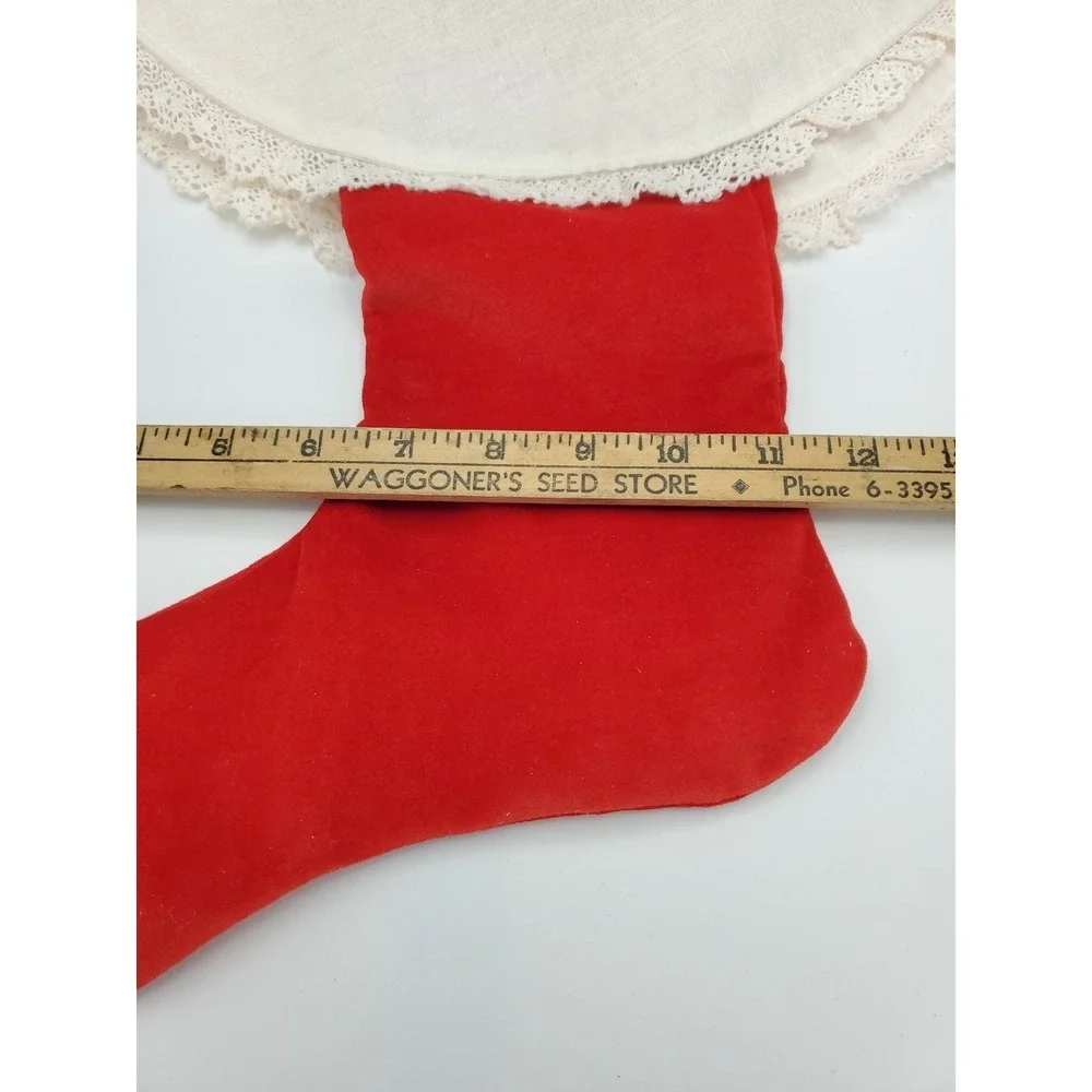 Hand Made Red Velvet Christmas Stocking With Wide Linen‎ And Lace Collar